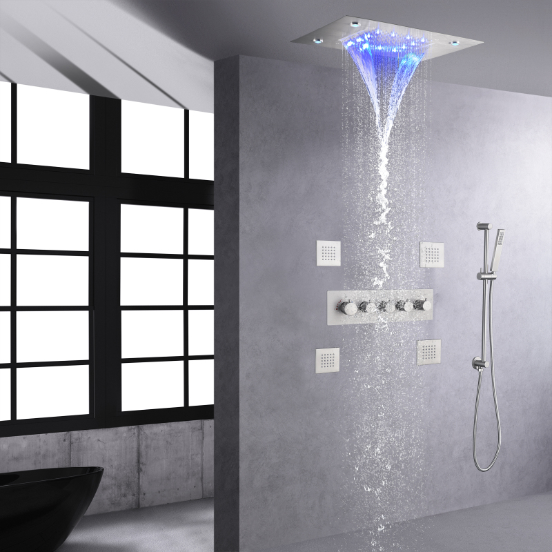 Juego de ducha de baño oculta de níquel cepillado, sistema de ducha termostático LED montado en la pared, cabezal de ducha de lluvia y cascada de 14X20 pulgadas