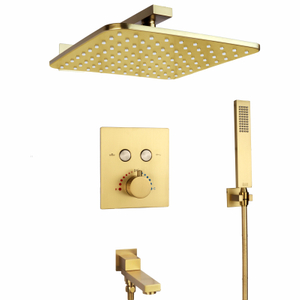 Sistema de ducha de lluvia termostática de Oro pulido, juego de ducha moderno de lujo dorado para baño de 10 pulgadas con caño para bañera