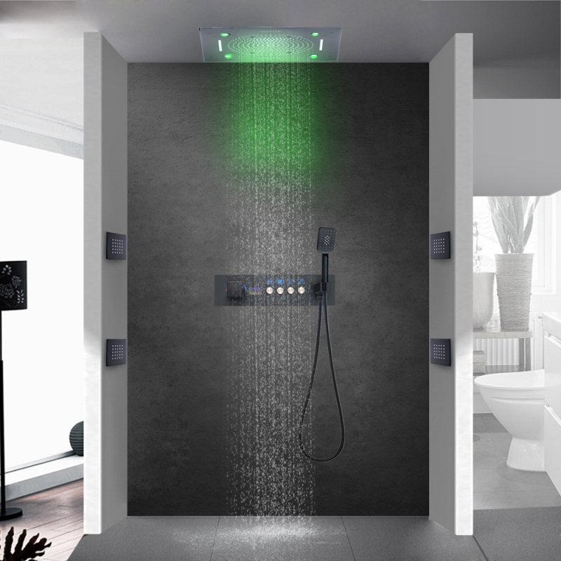 Cabezal de ducha negro mate de 500x500MM, juego de grifería de ducha con pantalla Digital LED de temperatura constante y función de música