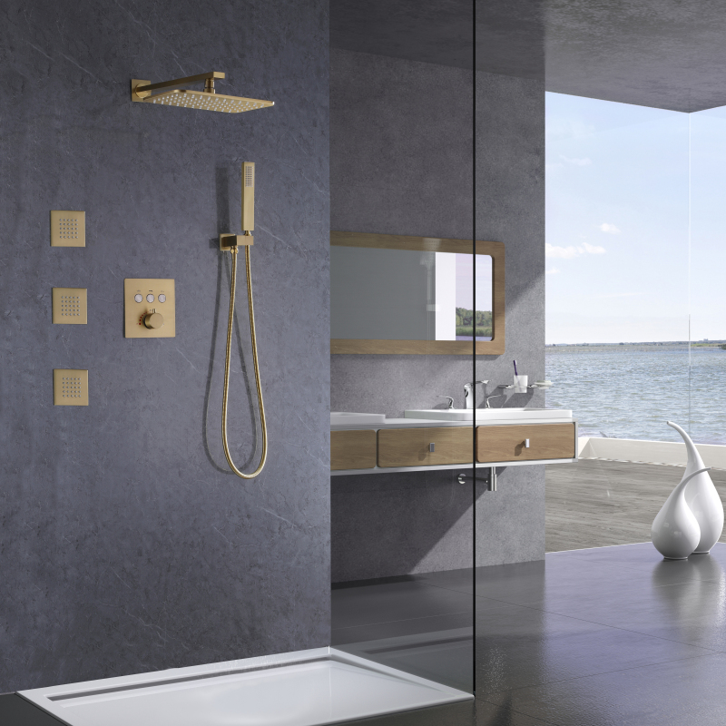Grifo de ducha de oro cepillado baño termostático techo lluvia presión ducha de mano