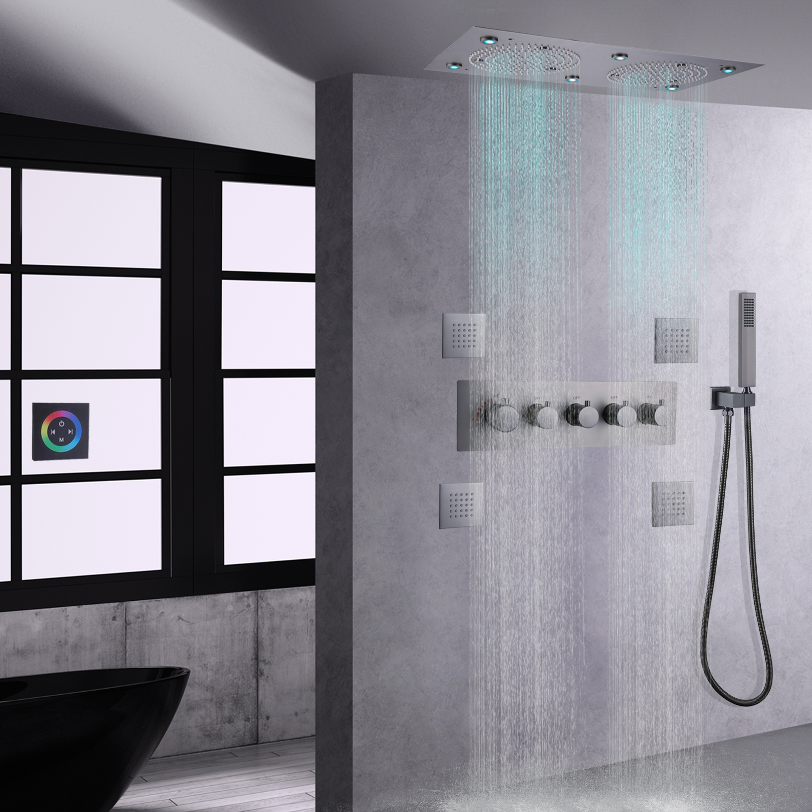 Grifo de ducha gris pistola, Panel de ducha termostático LED para baño, niebla de lluvia con mano de latón