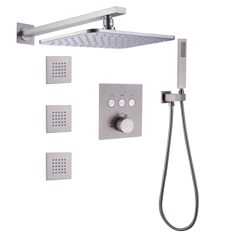 Grifo de ducha de níquel cepillado de 28x18 CM, termostático para baño, de mano, tipo lluvia, montado en la pared