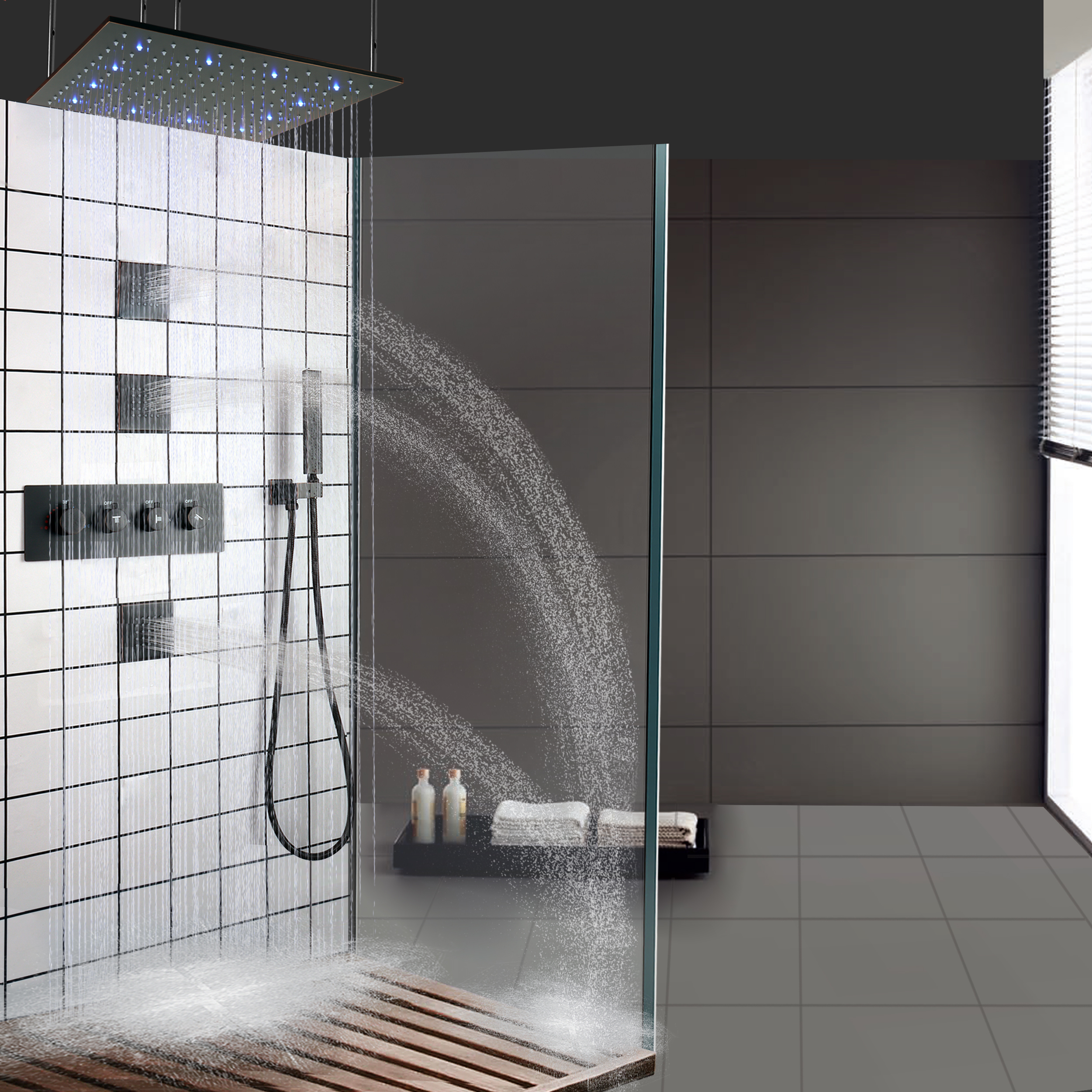 Mezclador de ducha termostático LED de bronce frotado con aceite, brazo de ducha de mano de lluvia para techo de baño