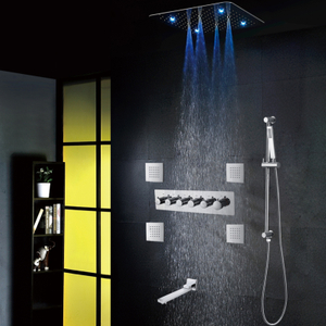 Mezclador de ducha termostático pulido cromado, grifo de baño LED de 500x500 MM, ducha Spa con cabezal de ducha Hydro Jet
