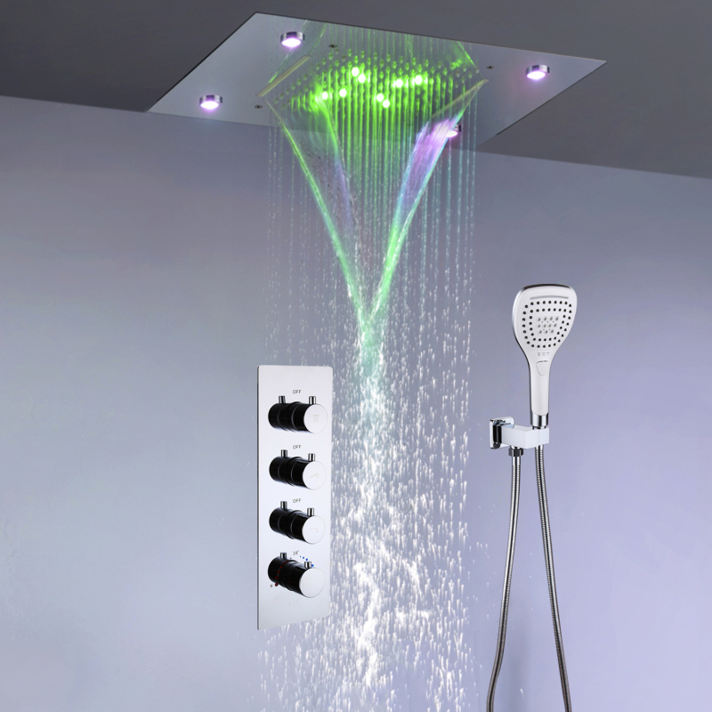 Cabezal de ducha LED montado en el techo SUS304, ducha de cascada de lluvia de 20x14 pulgadas, grifo de ducha de baño de cuerpo principal termostático