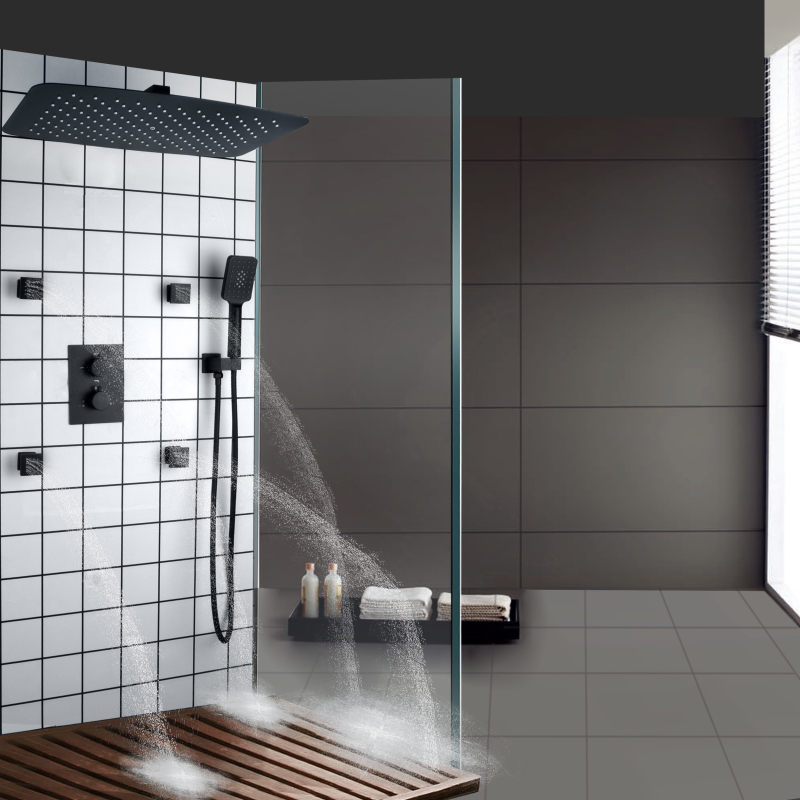 Juego de grifo de ducha de masaje de ducha mezclador de lluvia Sistema de ducha de baño de calidad termostática negro mate