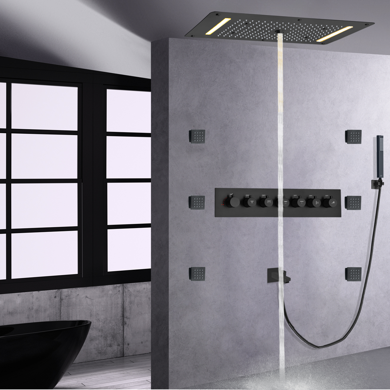 Juego de mezclador de ducha termostático LED negro mate, montaje en pared, cascada oculta, niebla, lluvia, masaje de mano
