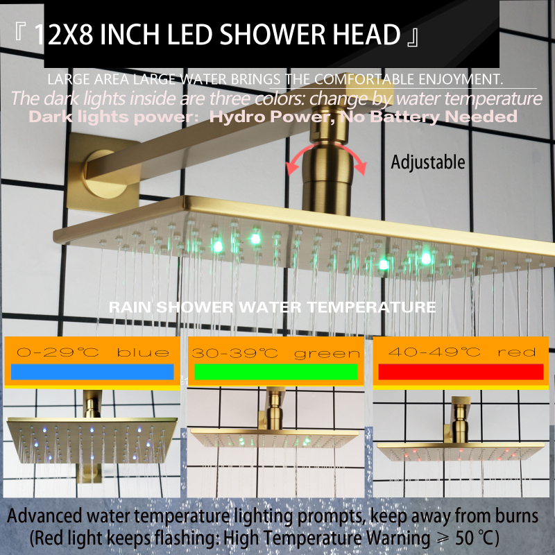 Grifos de baño de oro cepillado, cabezal de ducha de 28x18cm, LED, cambio de temperatura de 3 colores, montaje en pared para baño, ducha de lluvia