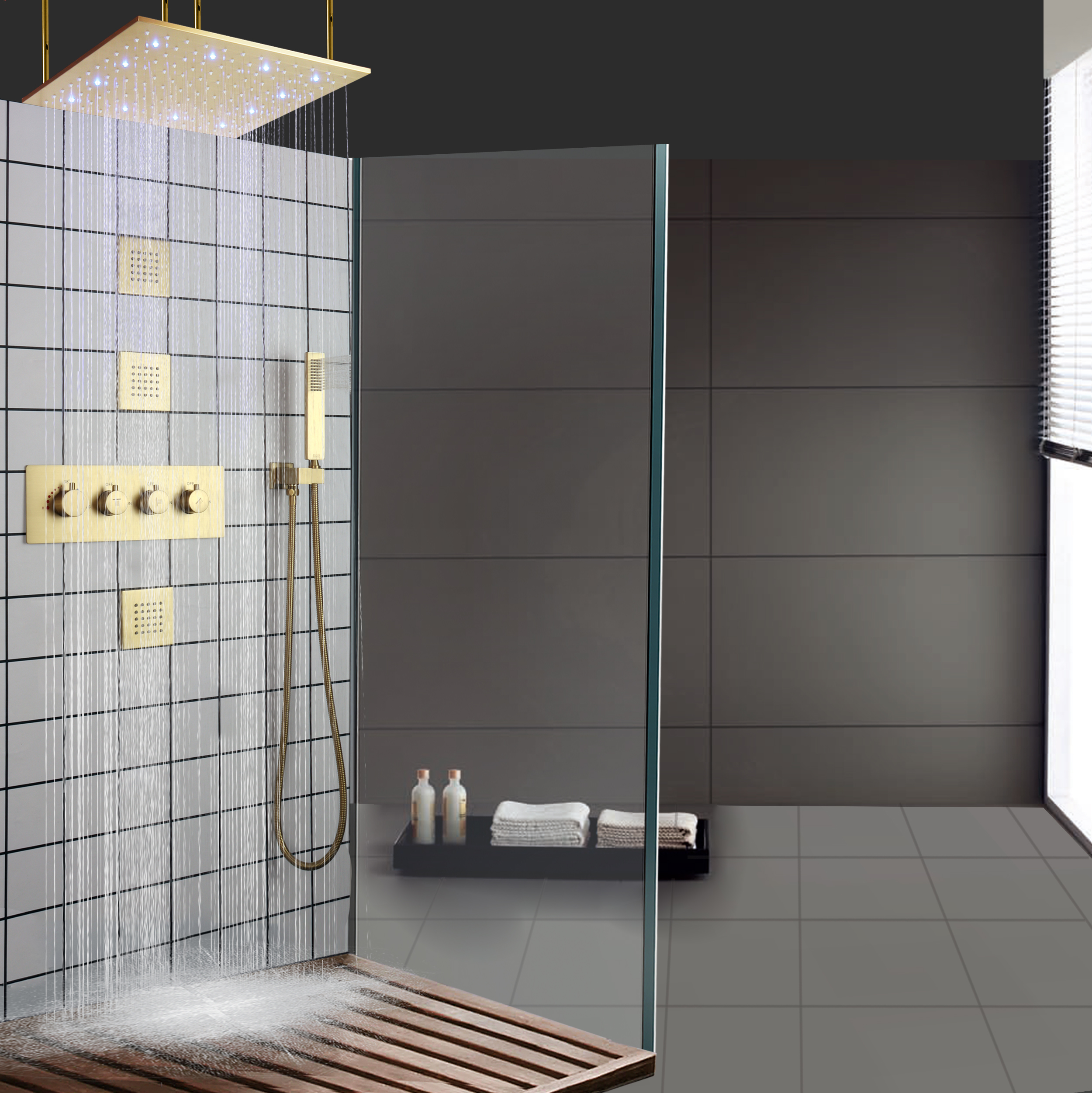 Cabezal de ducha LED termostático para baño, ducha de lluvia, Oro pulido, con dispositivo de mano