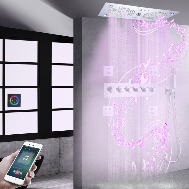 Juego de mezclador termostático de ducha cromado pulido, LED de 620x320mm con funciones musicales, sistema de ducha oculta de lluvia para baño