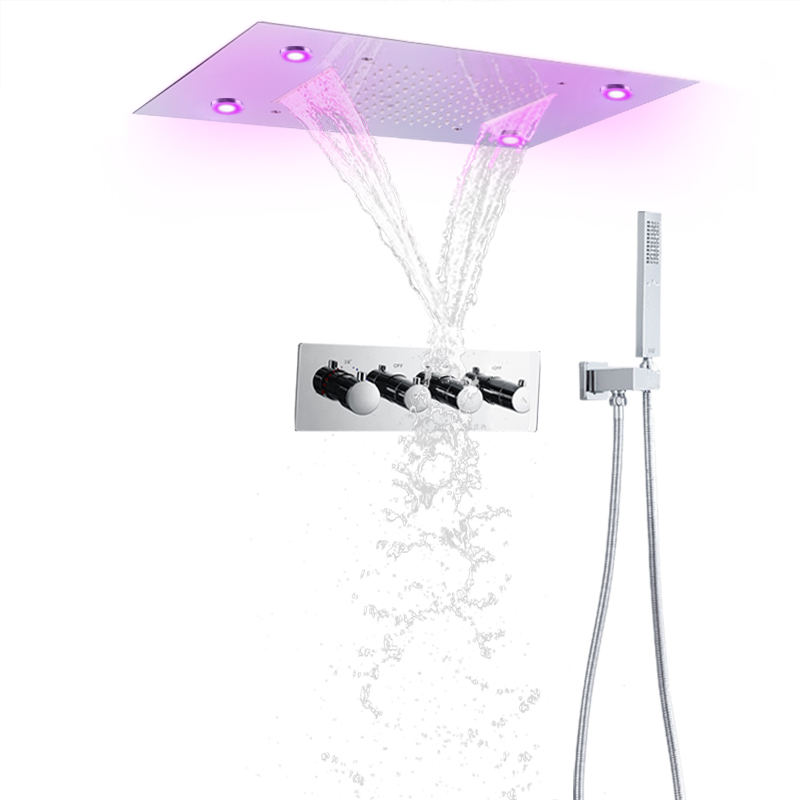 Juego de grifo de ducha termostático de lluvia en cascada con sistema de cabezal de ducha LED colorido multifunción cromado