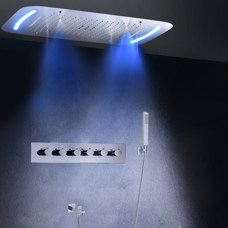 Cabezal de ducha de lluvia en cascada multifunción termostático Rectangular, luz de LED de techo empotrada, grifo de ducha de baño