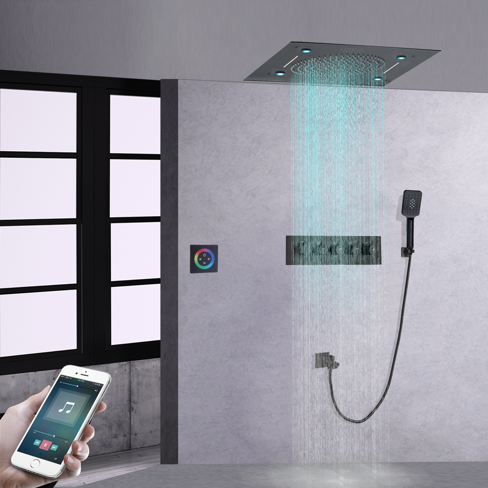 Juego de ducha termostática de 24 pulgadas para baño, techo oculto, lluvia 304sus, cascada, música, cabezal de ducha LED para juego de masaje