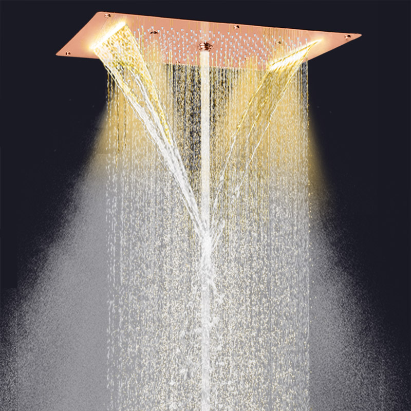 Cabezal de ducha de oro rosa 70X38 CM LED baño cascada lluvia atomizador burbuja masaje ducha
