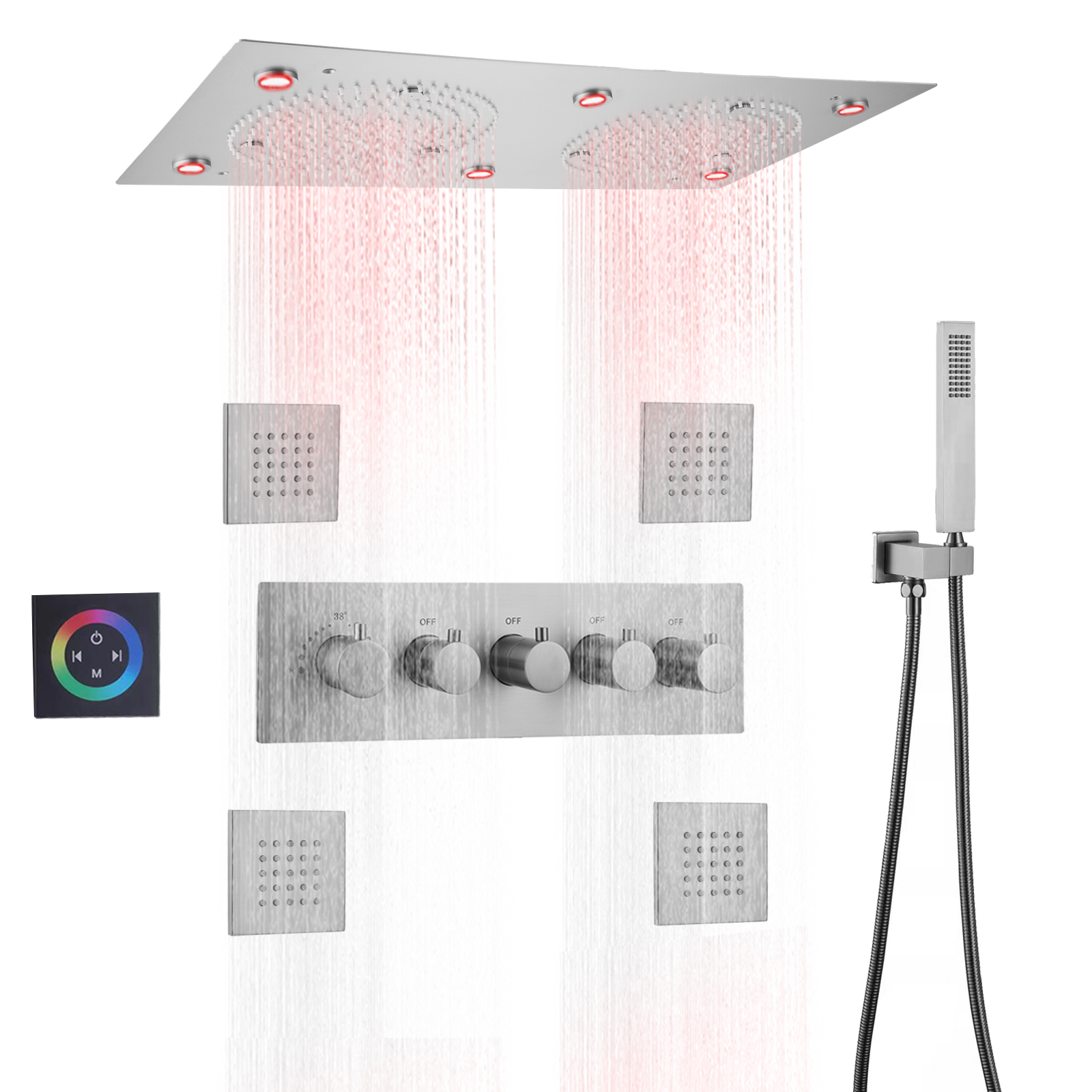 Cabezal de ducha de níquel cepillado LED termostático de alto flujo lluvia niebla Panel de ducha masaje ducha de mano