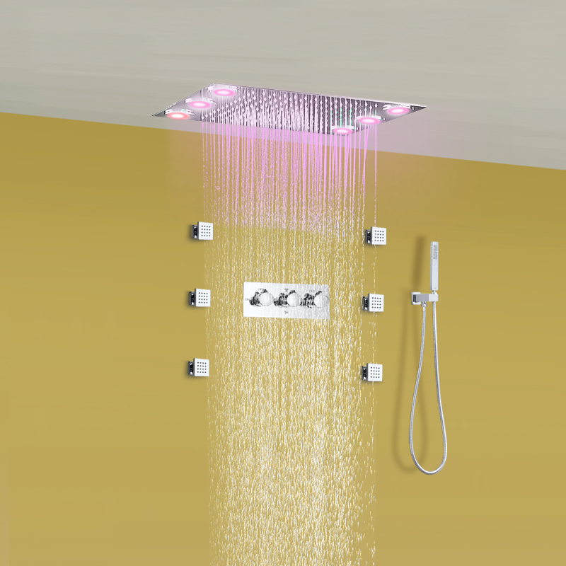 Cabezal de ducha tipo lluvia empotrado, juego de ducha cuadrado led, 6 chorros corporales, accesorios de baño de acero inoxidable 304, ducha de mano