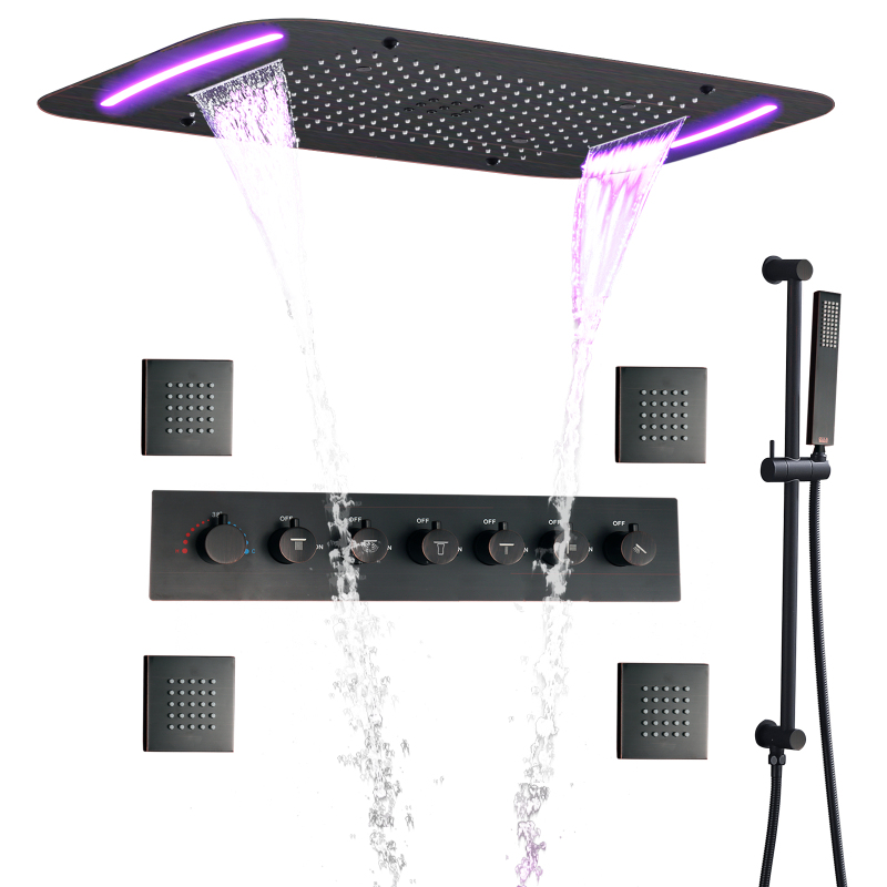 Sistema de ducha termostática de bronce frotado con aceite, juego de ducha multifunción LED para baño de 71x43 CM con panel de Control LED