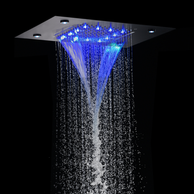 Cabezal de ducha negro mate, LED de 50x36 CM, lluvia en cascada bifuncional para baño con cambio de temperatura de 3 colores