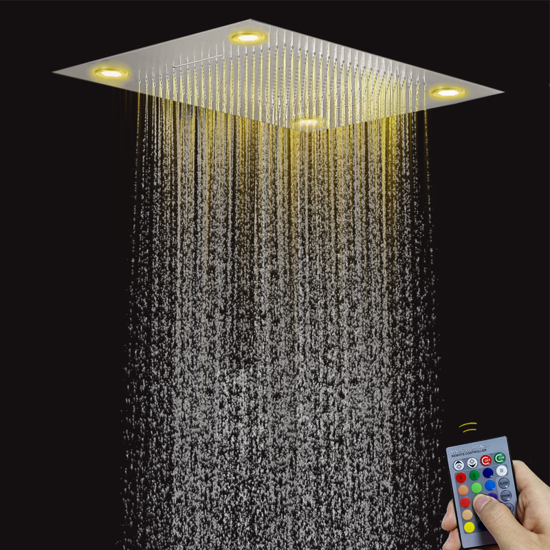 Grifo de ducha de baño de níquel cepillado, 80x60 CM, con Control LED, Panel remoto, lluvia, cascada de ducha oculta