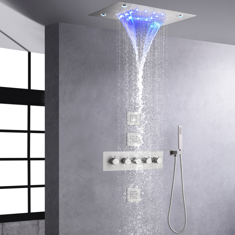 Cabezal de ducha de lluvia de níquel cepillado con rociador de mano termostático Sistema de ducha de lluvia y cascada LED de 14 x 20 pulgadas