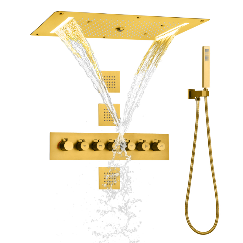 Sistema de ducha de lluvia termostático de Oro pulido, cabezal de ducha de baño LED de 700x380 MM con ducha de mano