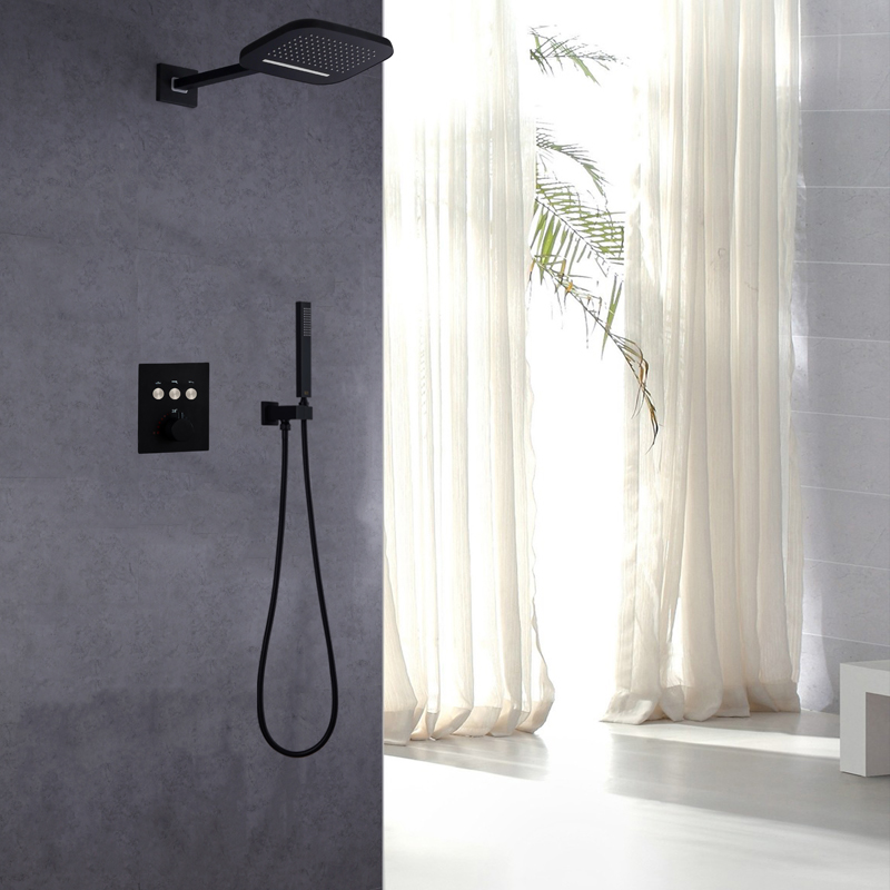Sistema de ducha termostático negro mate, cabezal de ducha tipo cascada y lluvia, todas las funciones se pueden trabajar juntas