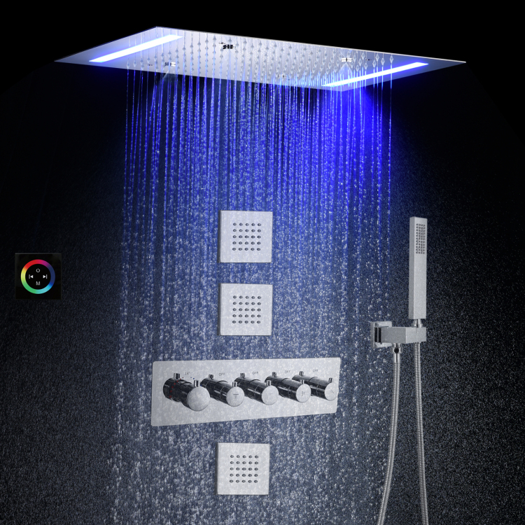 Juego de cabezal de ducha de lluvia para baño cromado, ducha termostática de niebla para baño LED de 14 x 20 pulgadas