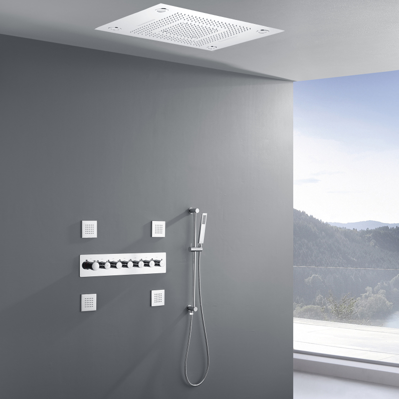 Sistema de grifo de ducha de lujo LED termostático oculto, cabezal de ducha de lluvia de 24X31 pulgadas pulido cromado con mano