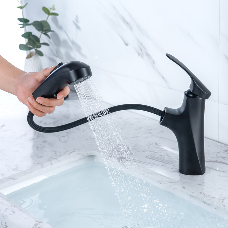 Grifo de lavabo negro mate de un solo mango con funciones de agua dobles, mezclador de fregadero contemporáneo