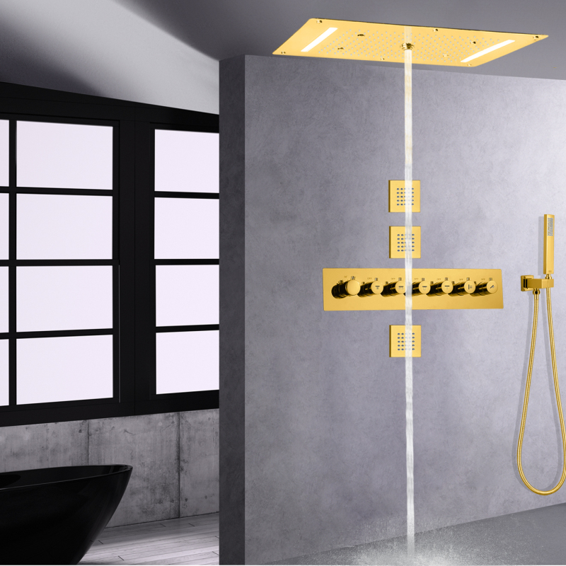 Cabezal de ducha de lluvia pulido en oro de 700 x 380 mm con juego de grifo de ducha de baño LED termostático de mano