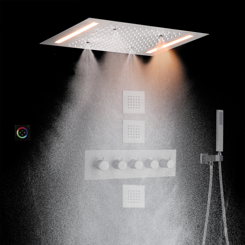 Grifo de ducha termostático de níquel cepillado Juego de sistema de ducha de niebla de lluvia para baño de lujo LED de 14 x 20 pulgadas