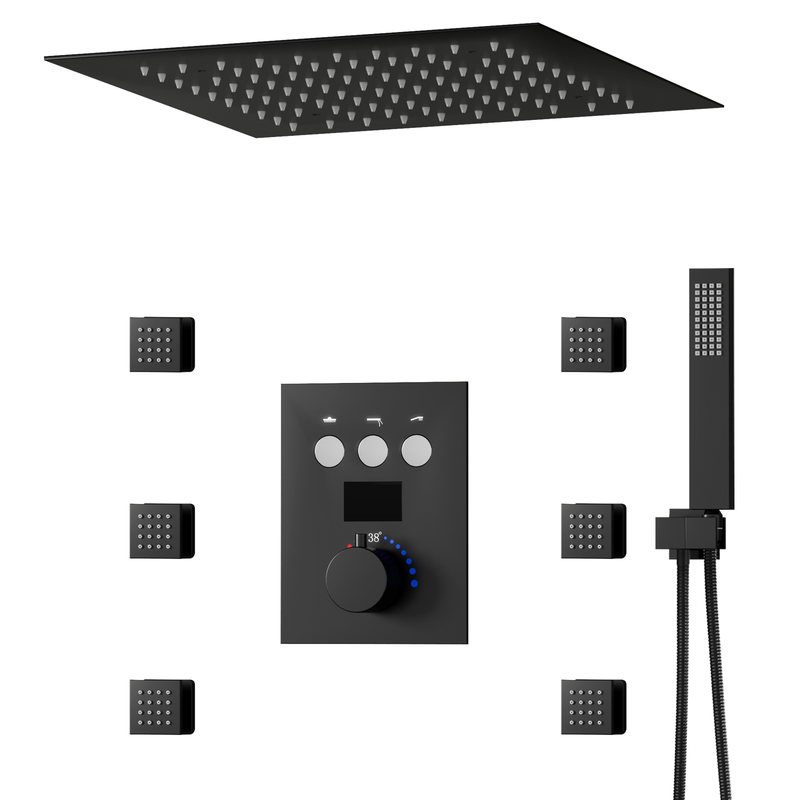 Termostato 64 LED Color Sistema de ducha tipo lluvia 3 botones de función Pantalla digital Válvulas de ducha Juego de grifos