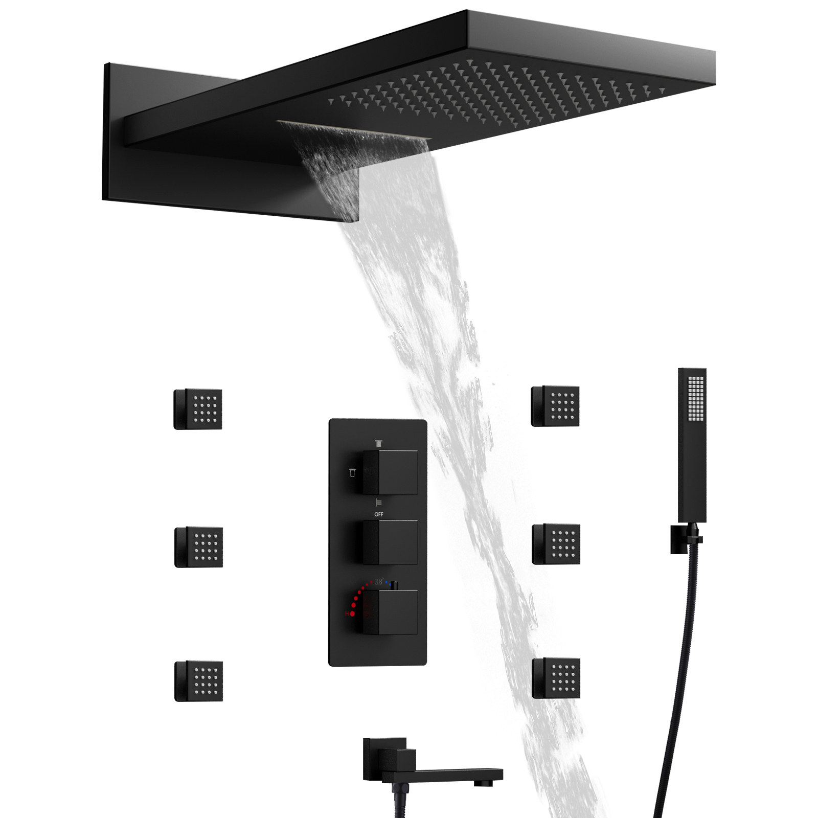 Juego de cabezal de ducha negro, medidor de lluvia, grifo de latón montado en la pared para baño, sistema de grifo de ducha en cascada para bañera