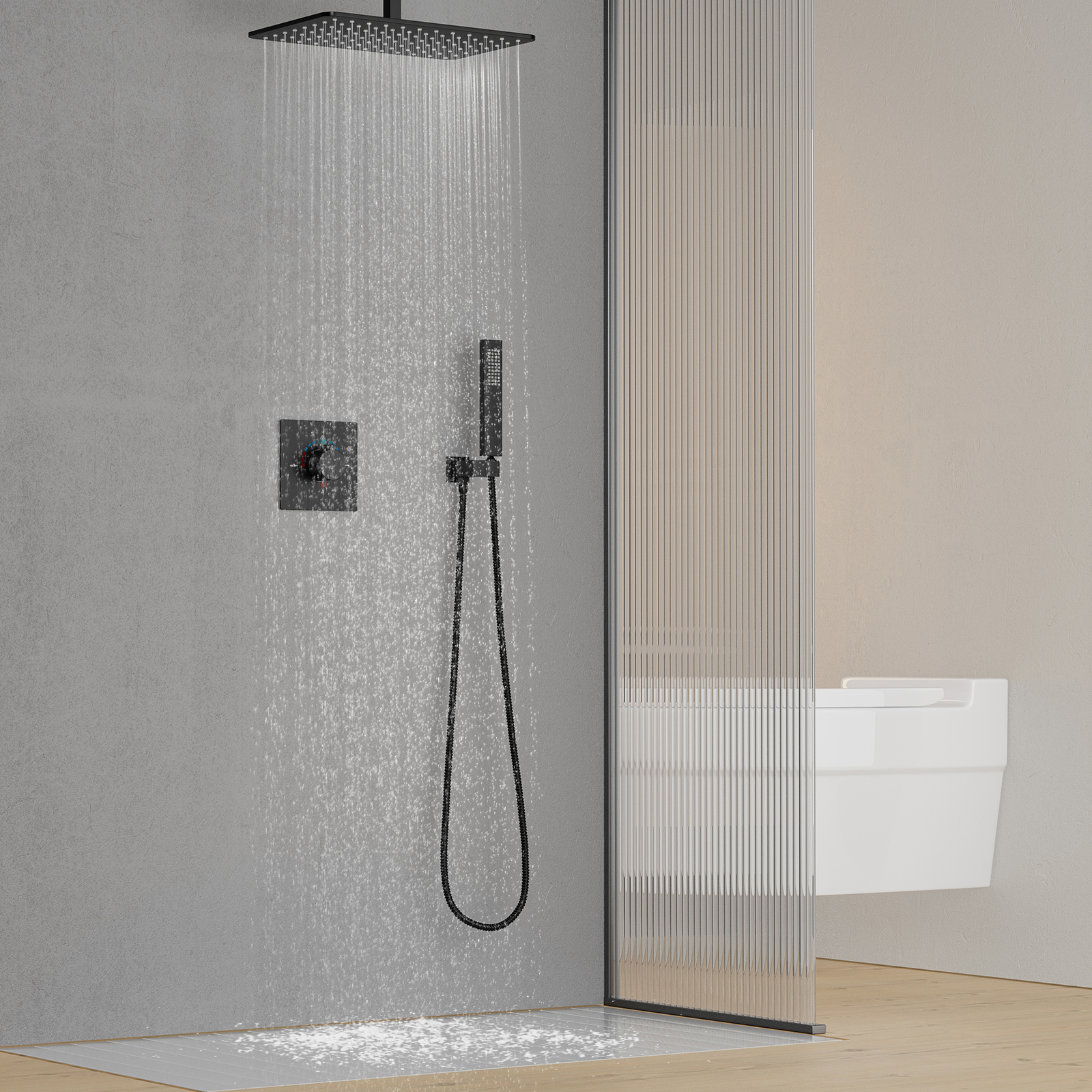 Sistema de ducha montado en la pared con cabezal rociador de ducha de lluvia y masaje corporal de 28x18