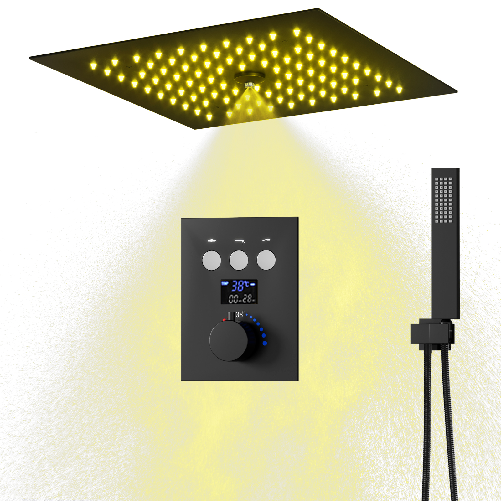 Sistema de cabezal de ducha termostático para baño, conjunto de cabezal de ducha tipo lluvia LED cuadrado negro mate
