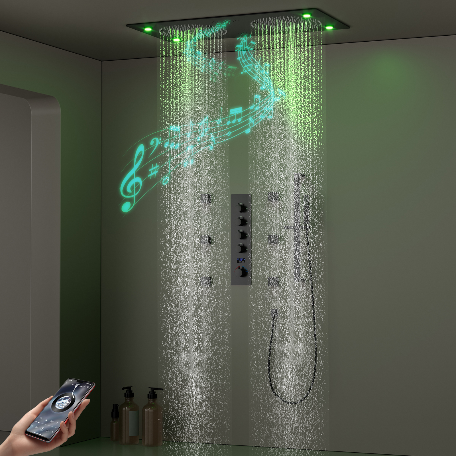 Sistema de grifo de ducha LED de latón empotrado para baño, 4 juegos de cabezal de ducha, ducha de lluvia de techo con música