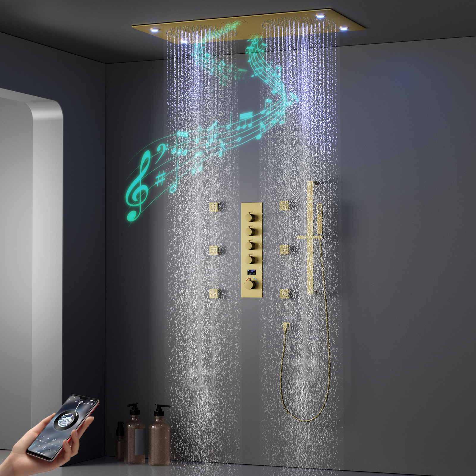 Ducha de lluvia con rociador de techo, cabezal de ducha con música LED, juego dorado, sistema de ducha con termostato de masaje con rociador de lluvia
