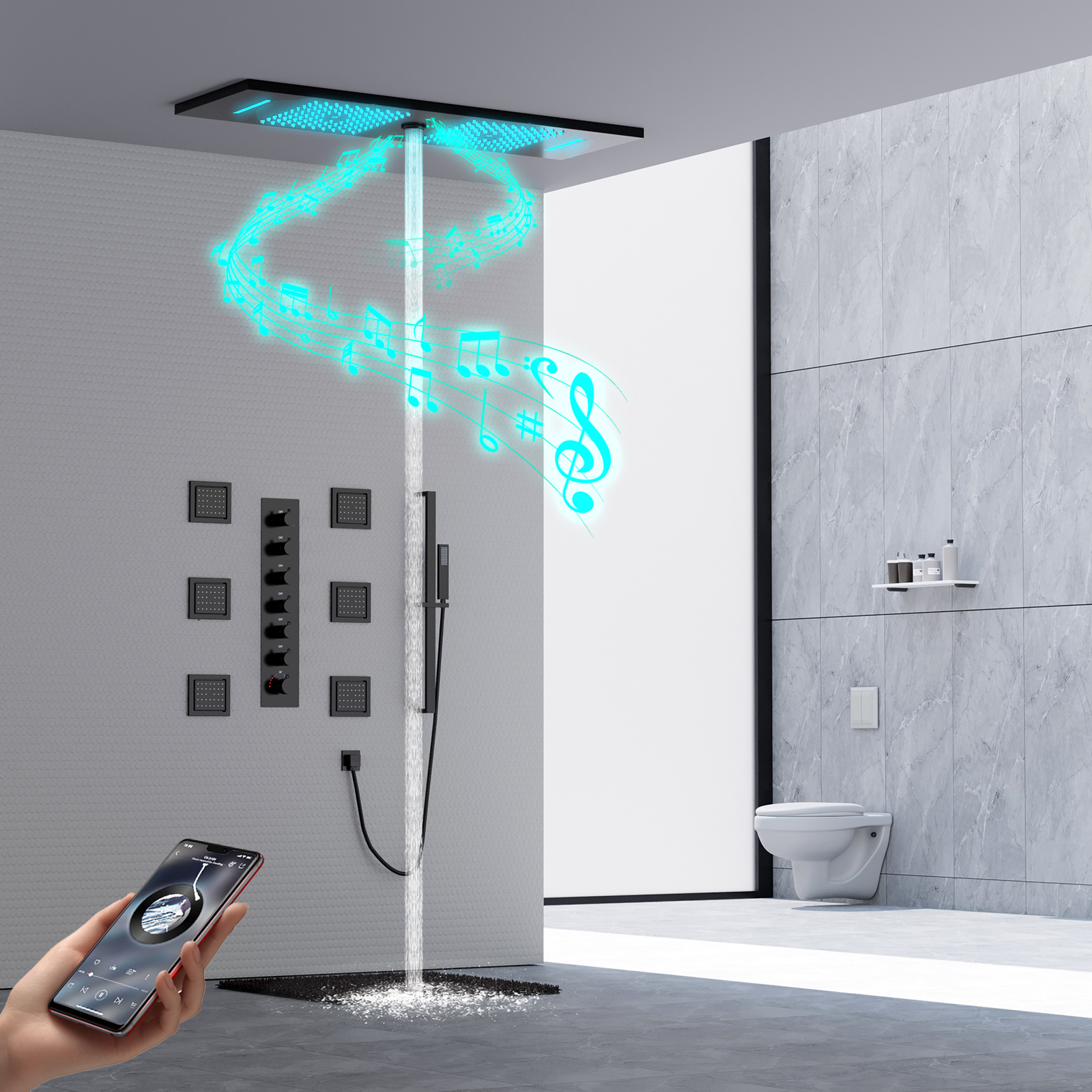 Juego de ducha LED, cabezal de ducha empotrado de lluvia y cascada con altavoz musical, Grifo y válvula de ducha de baño