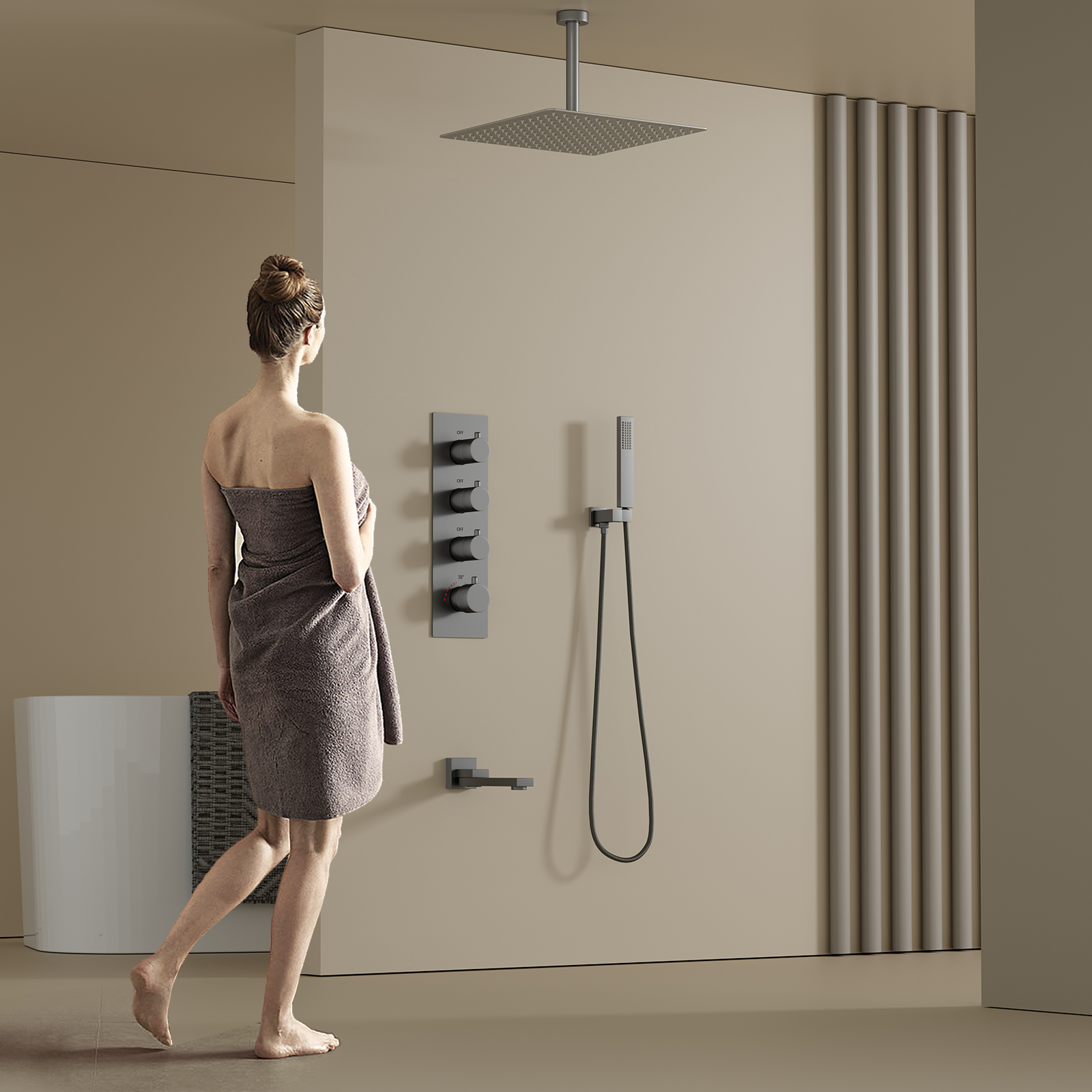Sistema de ducha de lluvia para baño con 3 funciones, color gris pistola de latón, con cabezal de ducha y juego de manguera
