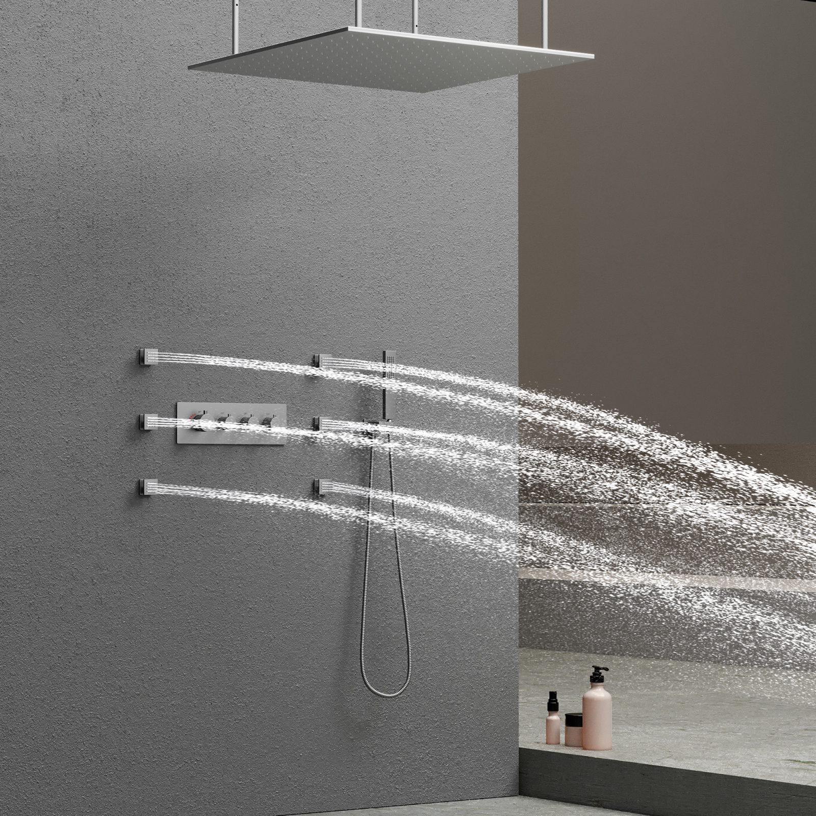 Baño cepillado 3 funciones LED cabezal de ducha ducha de techo Spa ducha grifo válvula