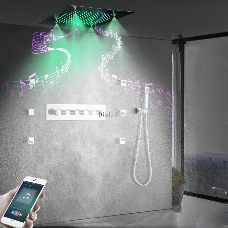 Juego de ducha LED, cuerpo de latón termostático montado en la pared, SPA multifunción, cascada, niebla, lluvia, Sistema de ducha musical LED