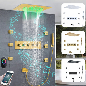 Cabezal de ducha empotrado en el techo 23*15 pulgadas música LED lluvia cascada baño sistema de grifo de ducha termostático