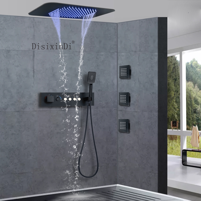 Cabezal de ducha LED de techo de 23x15 pulgadas con altavoz musical, juego de grifo de ducha termostático para baño de ducha de lluvia y cascada