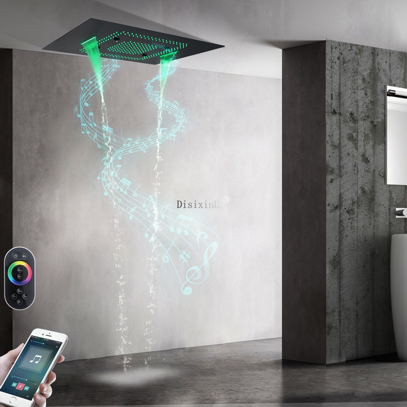 Cabezal de ducha LED en cascada con altavoces musicales, ducha de lluvia en el techo de 600x800mm, mezclador de ducha de baño con masaje en cascada