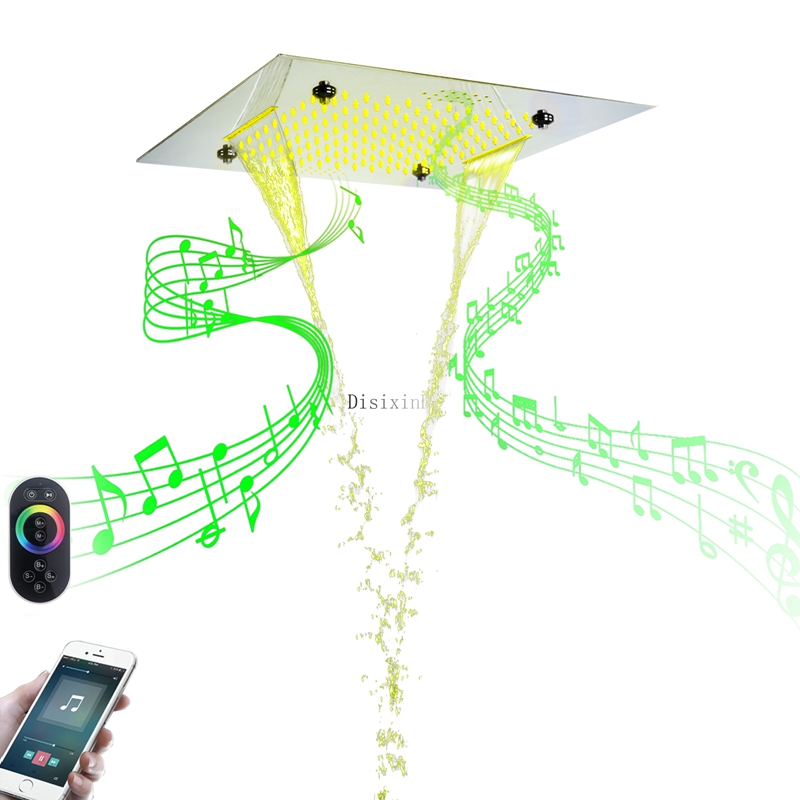 Cabezal de ducha LED cromado pulido con altavoz musical, lluvia brumosa y ducha en cascada, cabezal de ducha empotrado en techo de 20 pulgadas