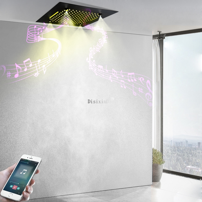 Cabezal de ducha LED para baño, 3 funciones, 500x500mm, negro mate, con altavoz musical, sistema de ducha en cascada