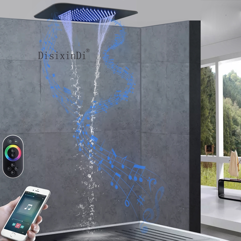 Grifo de ducha LED con Control remoto, cascada de lluvia para baño, negro mate, 580x380, con cabezal de ducha con función musical