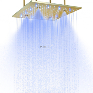 Oro pulido 400x400mm techo niebla lluvia cabezal de ducha LED 304 SUS dos funciones grifo de ducha empotrado para baño