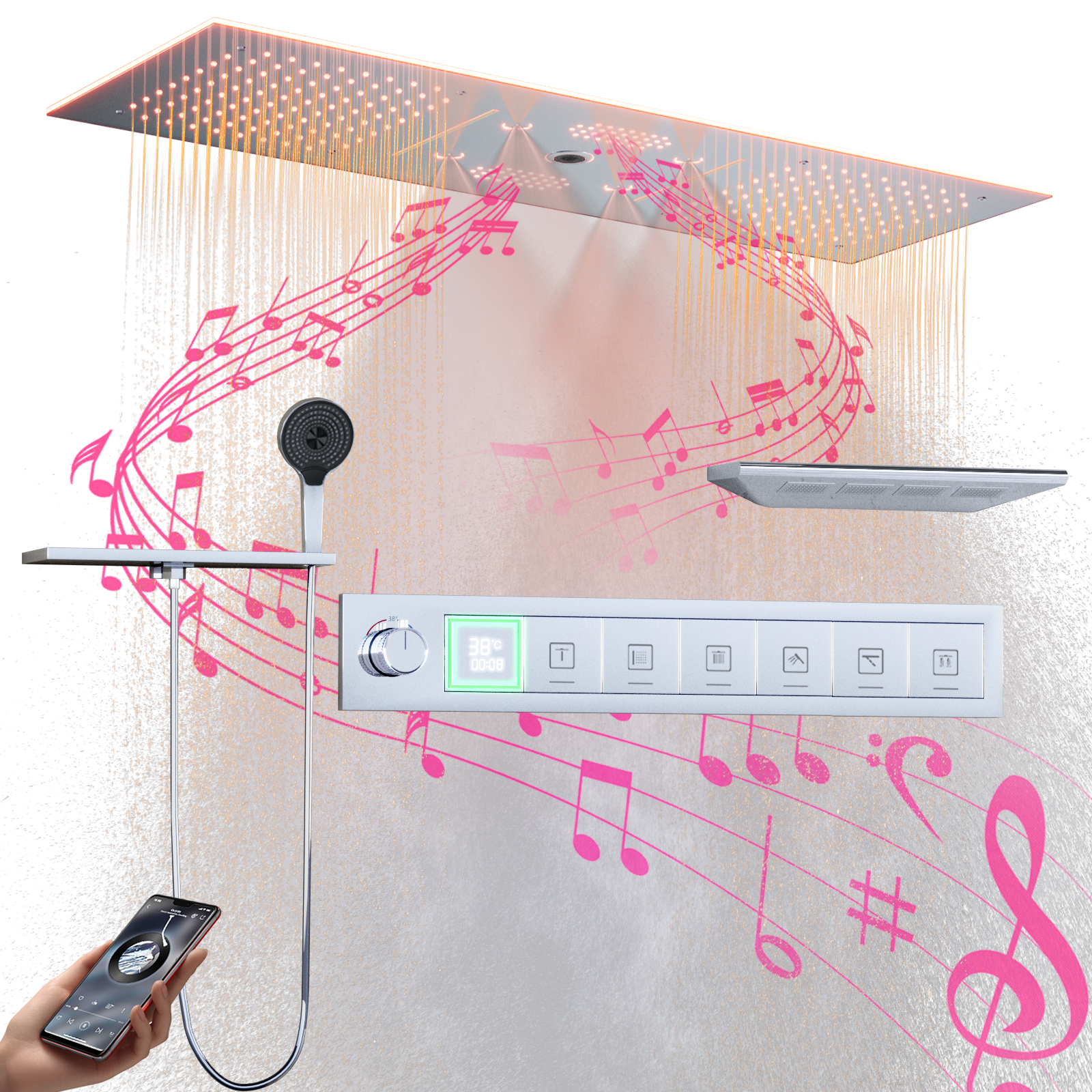Sistema de ducha LED de 6 funciones para baño de lujo, columna de agua atomizada de 90x30cm, plato de ducha de lluvia con cabezal rociador cuadrado