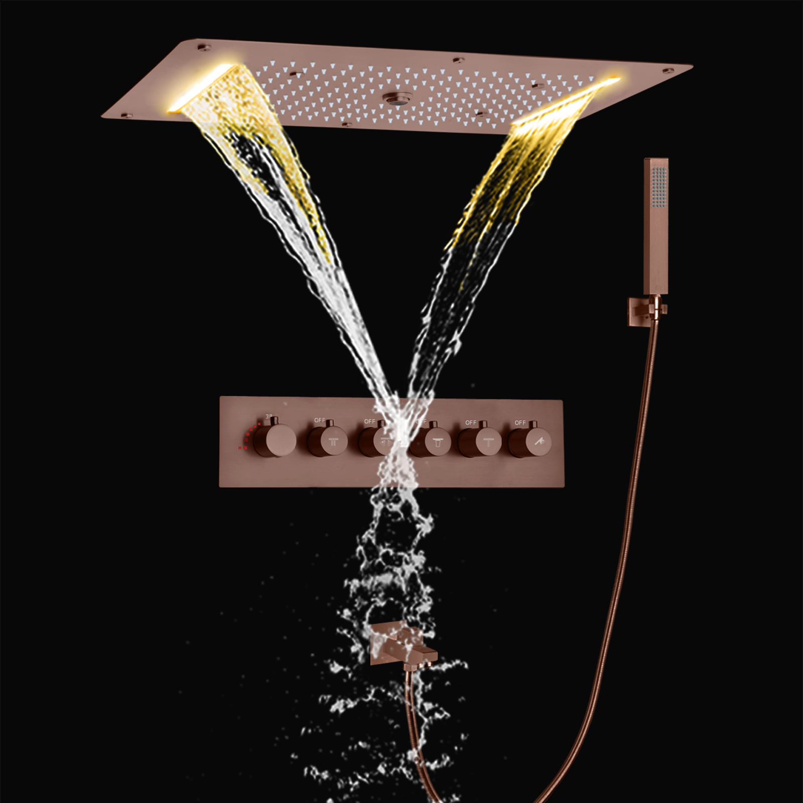 Cascada termostática de la lluvia del cuarto de baño del sistema LED de la ducha de la bañera de Brown 700X380 milímetro con Handh